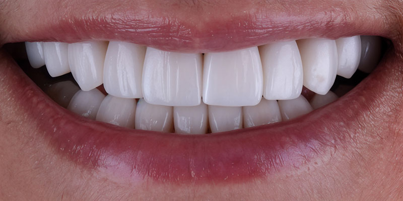 After: multidisciplinary reconstruction with crowns on the upper arch and veneers on the lower